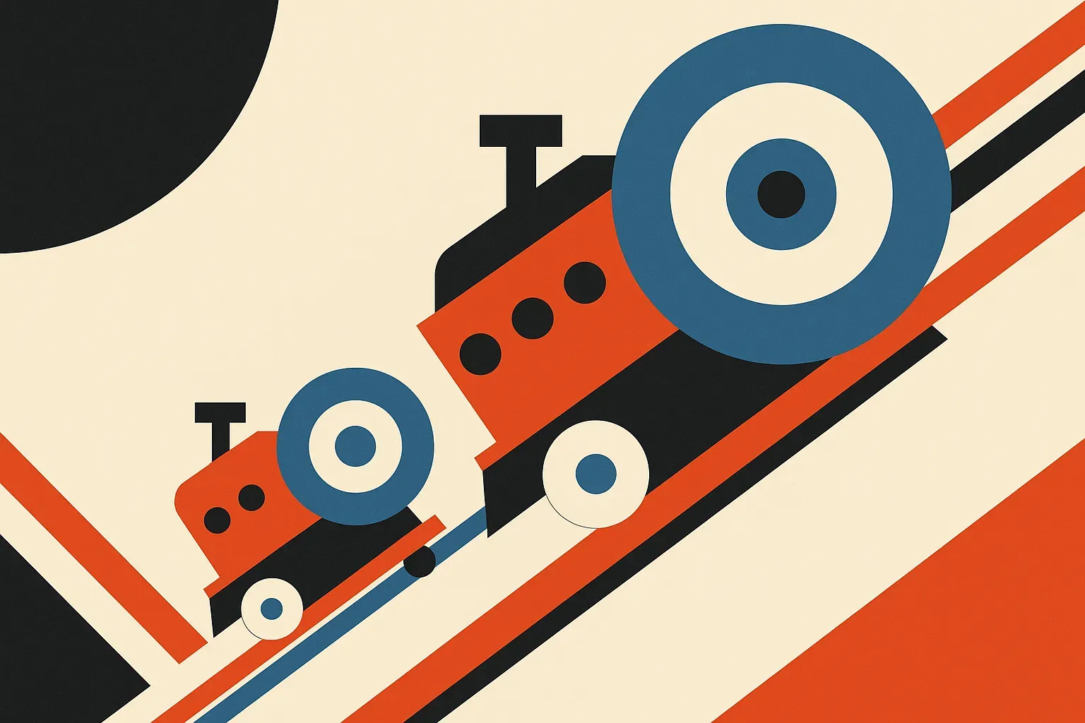 a small efficient engine keeping pace beside a much larger one, running on a narrower track