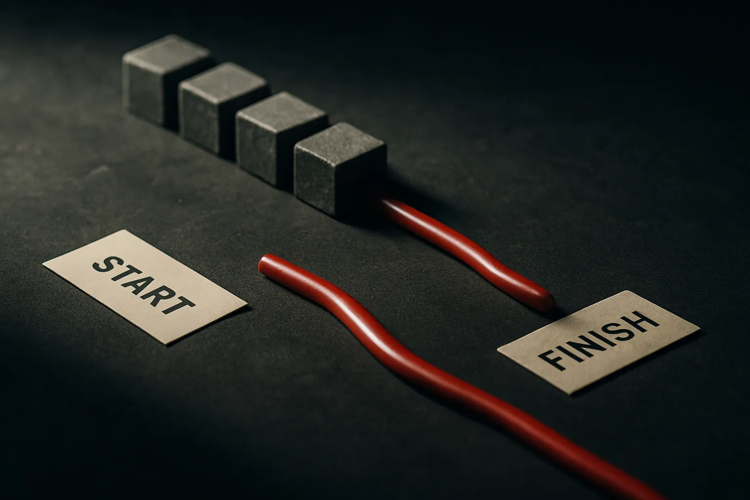 two parallel paths from start to finish, one made of discrete blocks, one a smooth unbroken line