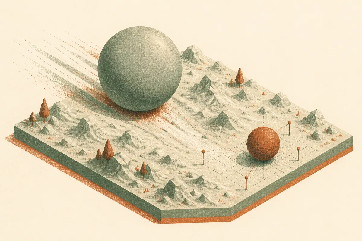 a large smooth sphere rolling effortlessly over rough terrain while a smaller rough sphere stops to map the bumps