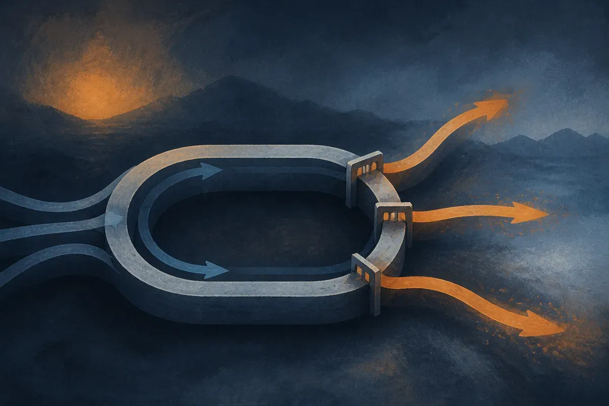 a single looping block with a small gate at the exit of each loop, some arrows peeling off early and others circling bac