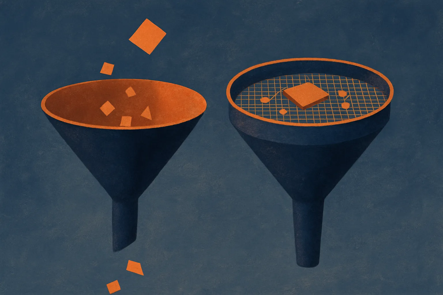 two funnels side by side, one letting a specific shape of debris pass through while a second funnel with a fine mesh cat