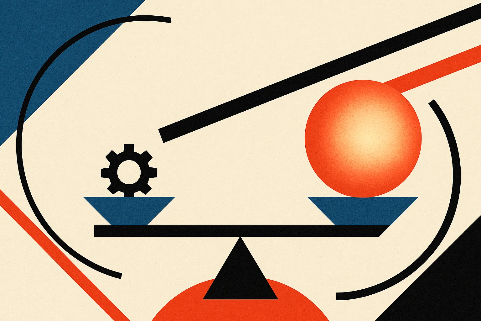 a scale balancing a small compact gear against a large glowing sphere, roughly level