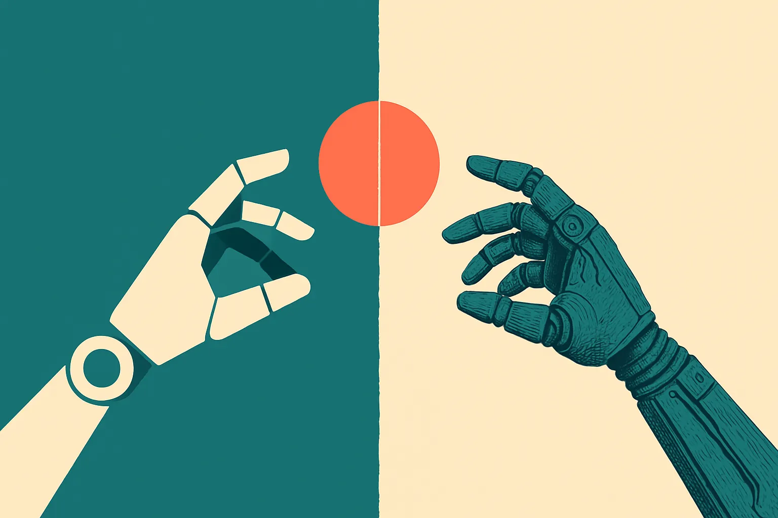 two mirrored robot arms reaching for the same object, one rendered in clean simplified simulation style and one in messy