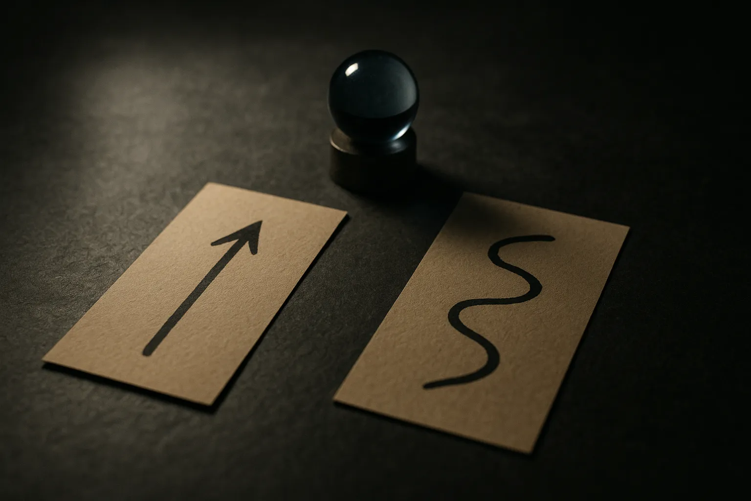 two paths, one straight toward a fixed point, one that discovers its endpoint by wandering