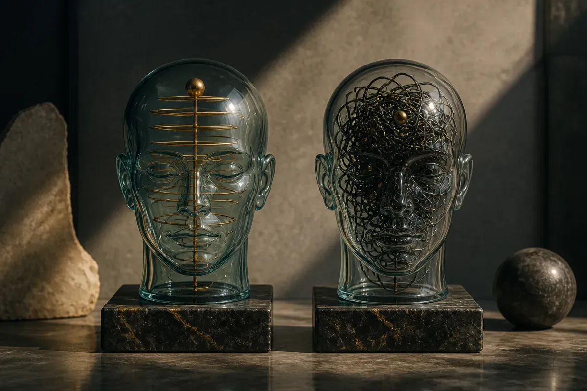 two side-by-side portraits of the same abstract model, one labeled with a calm aligned expression, the other with a tang