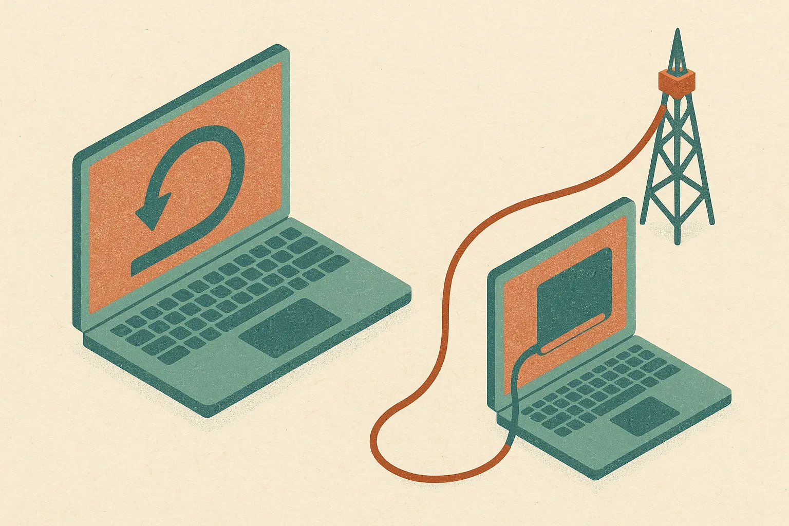 a laptop with a self-contained loop inside it, contrasted with a second device tethered by a long cord to a distant towe