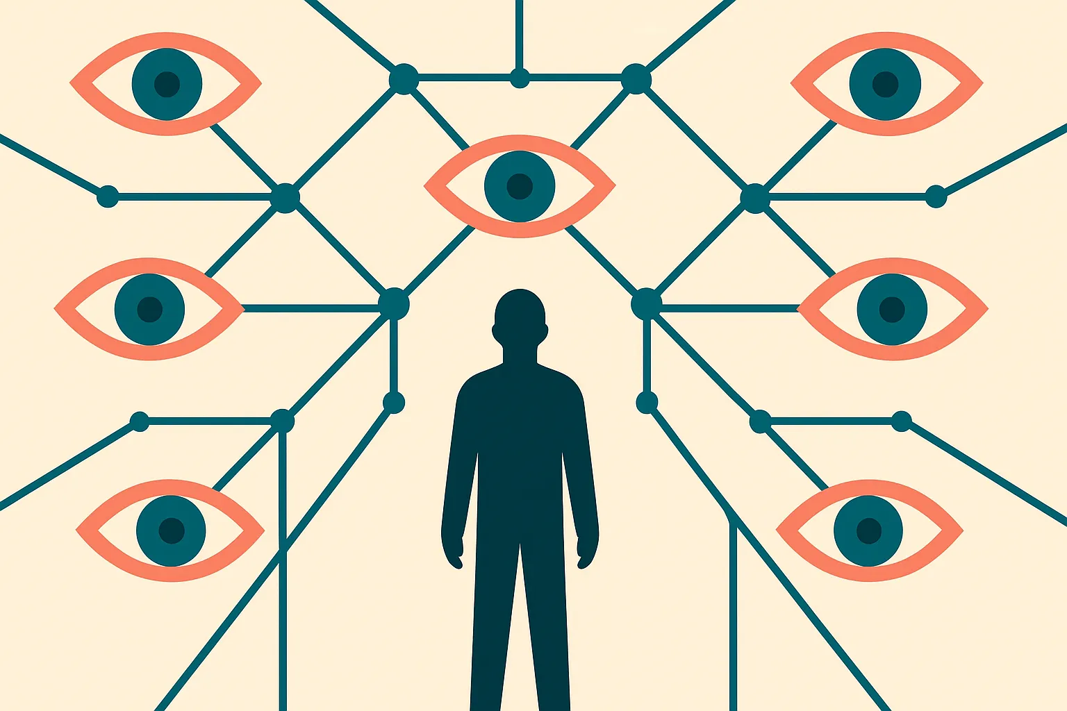 a single figure at the center of a converging web of watching eyes formed from network connections