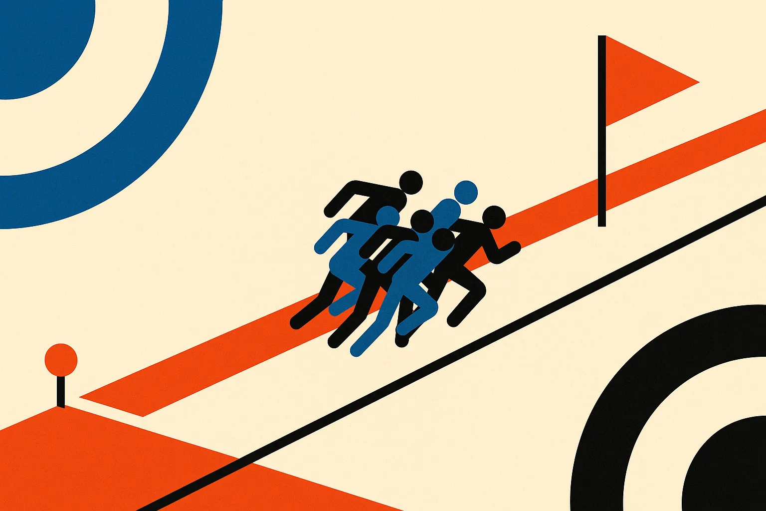 a horizontal track with a low starting marker near the far left and a distant finish flag, with a cluster of runners bun