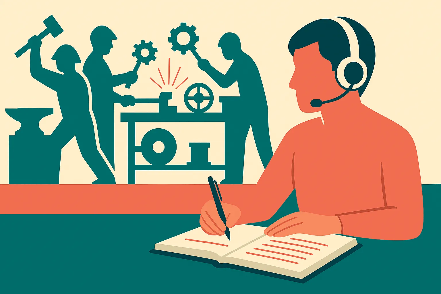 a translator sitting between a busy workshop and a recording ledger, capturing activity without interrupting it