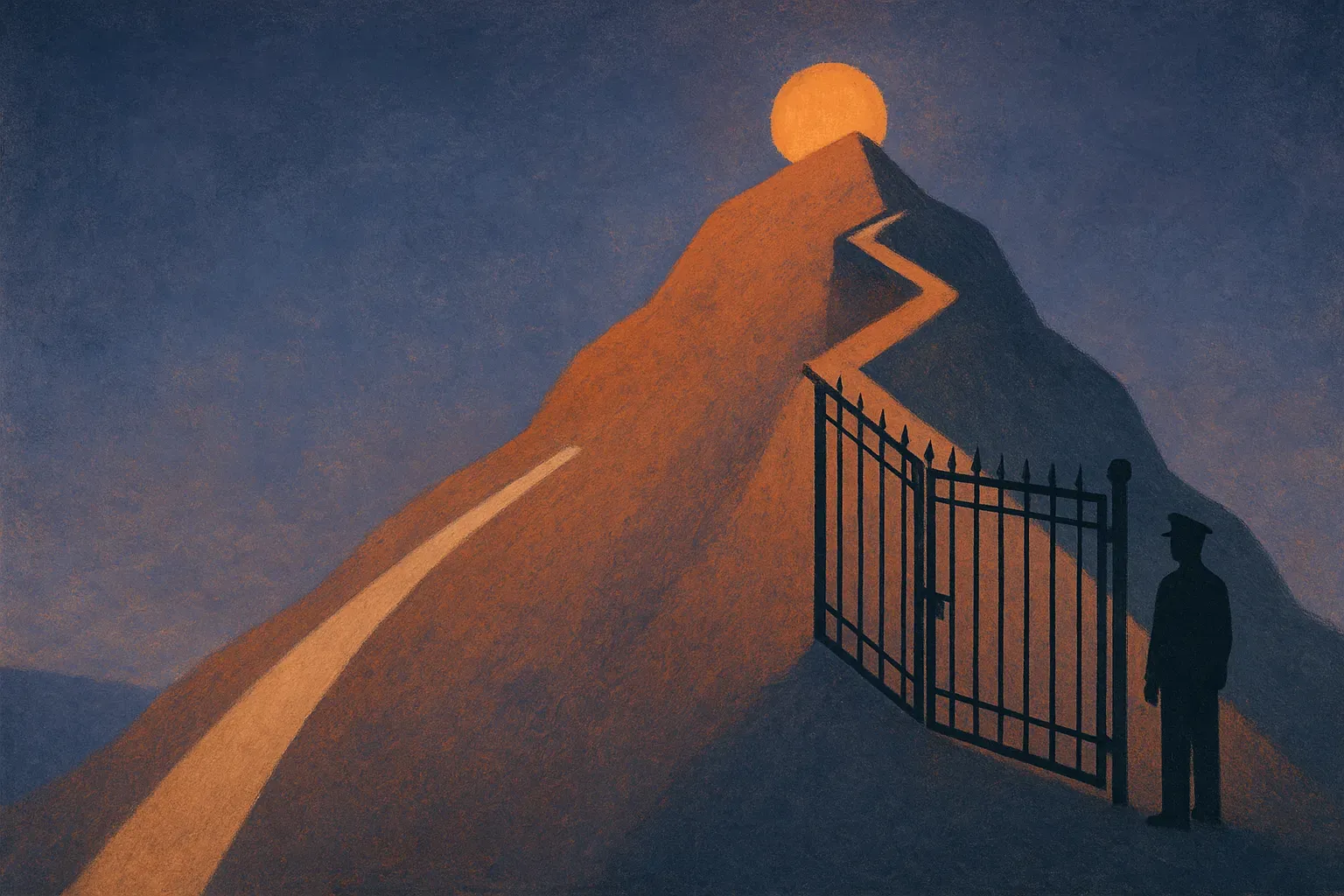 two paths reaching the same summit, one straight over open ground and one fenced and guarded, arriving at nearly the sam