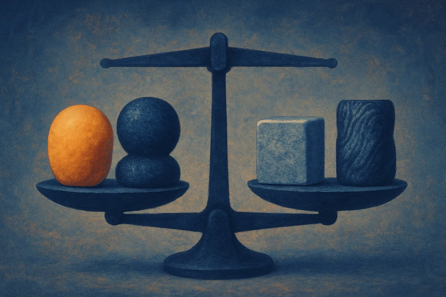 four balanced weights on a scale, each a different texture, held in equilibrium
