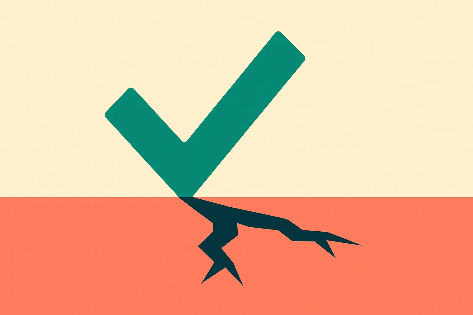 a green checkmark casting a shadow shaped like a hidden crack