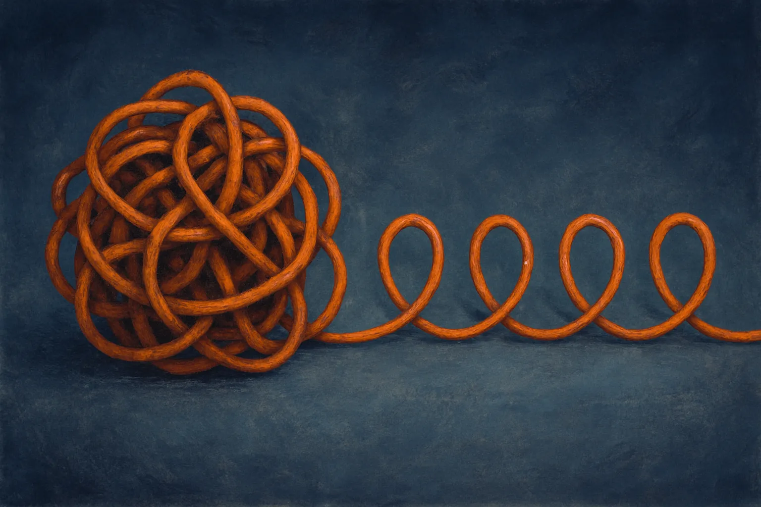 one large tangled knot beside a row of small clean loops