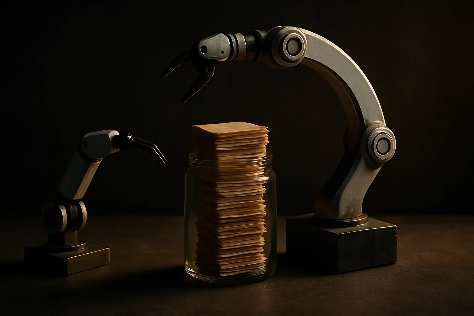 a circular loop where a robot arm attempt feeds into a growing stack of stored examples, which feeds back into a larger 