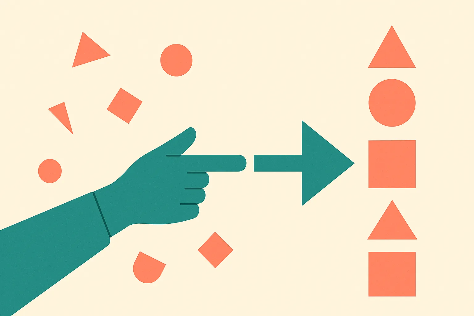 a person's pointing gesture guiding a stream of shapes into an ordered arrangement, suggesting direction versus randomne
