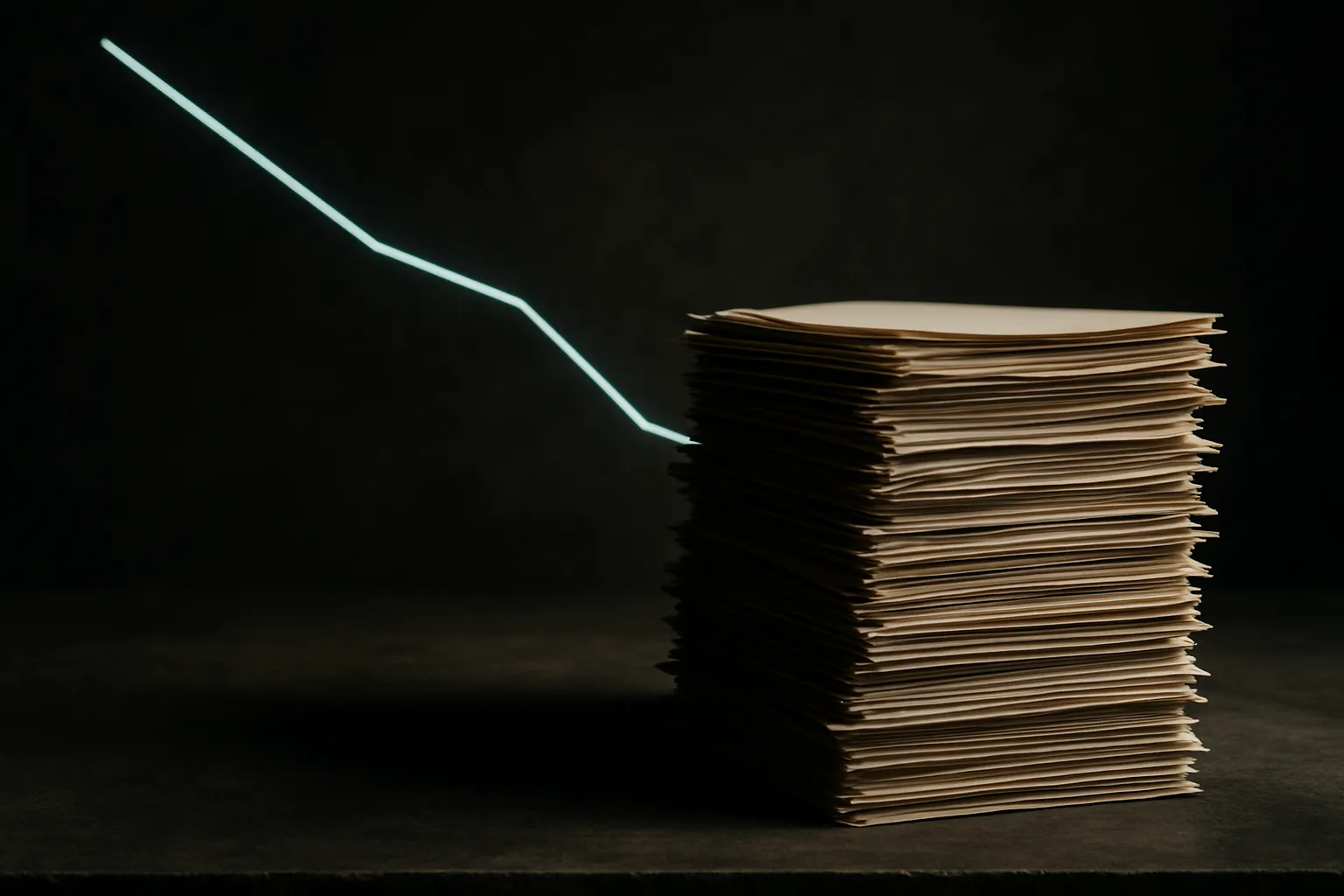 a performance line sloping downward as a stack of documents grows taller beneath it