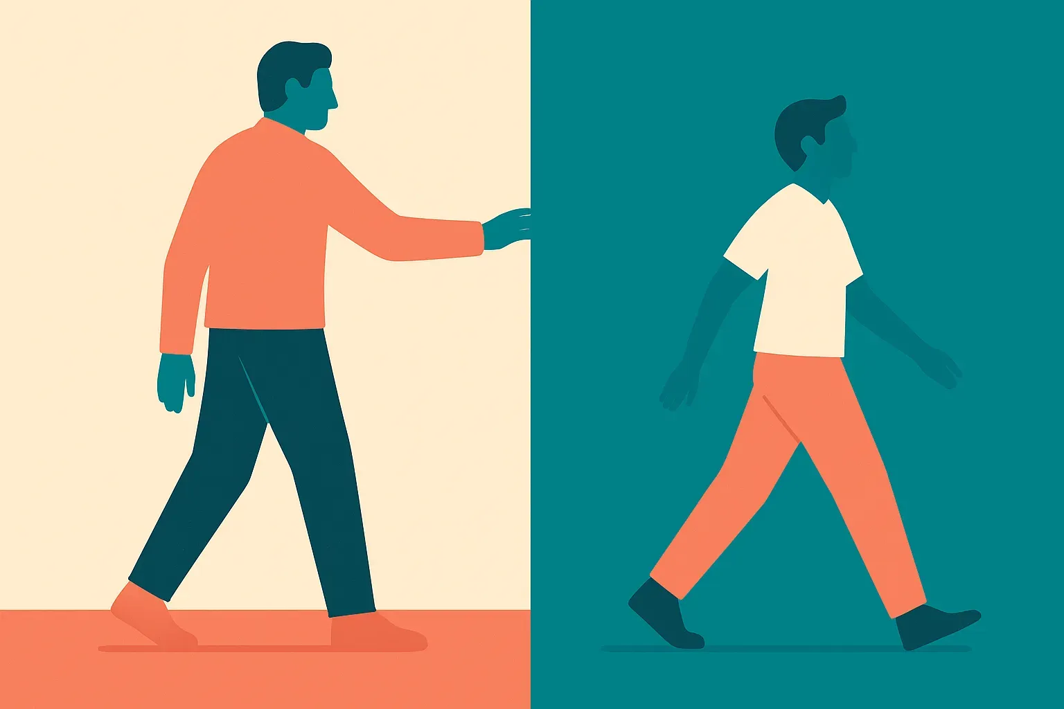 a mentor figure and a learner walking together, then the learner continuing forward alone as the mentor stops