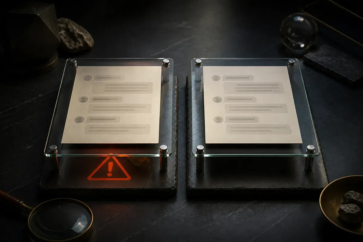two identical conversation transcripts side by side, one glowing with a hidden warning underneath, the other calm, both 