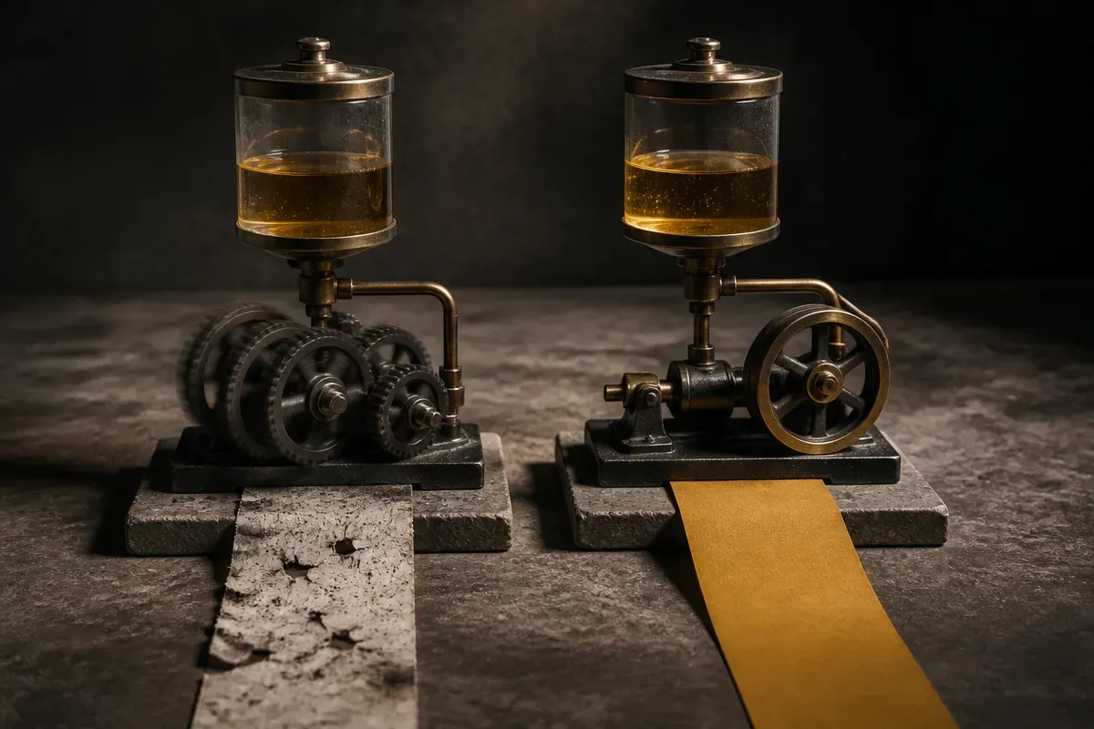 two identical fuel tanks powering two machines, one machine stuck grinding in place and the other moving steadily forwar