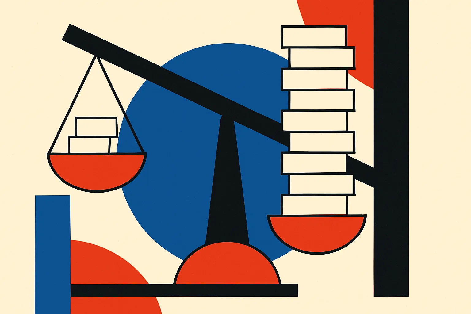 a set of scales, one side holding a small stack representing local gain and the other holding a much larger stack repres
