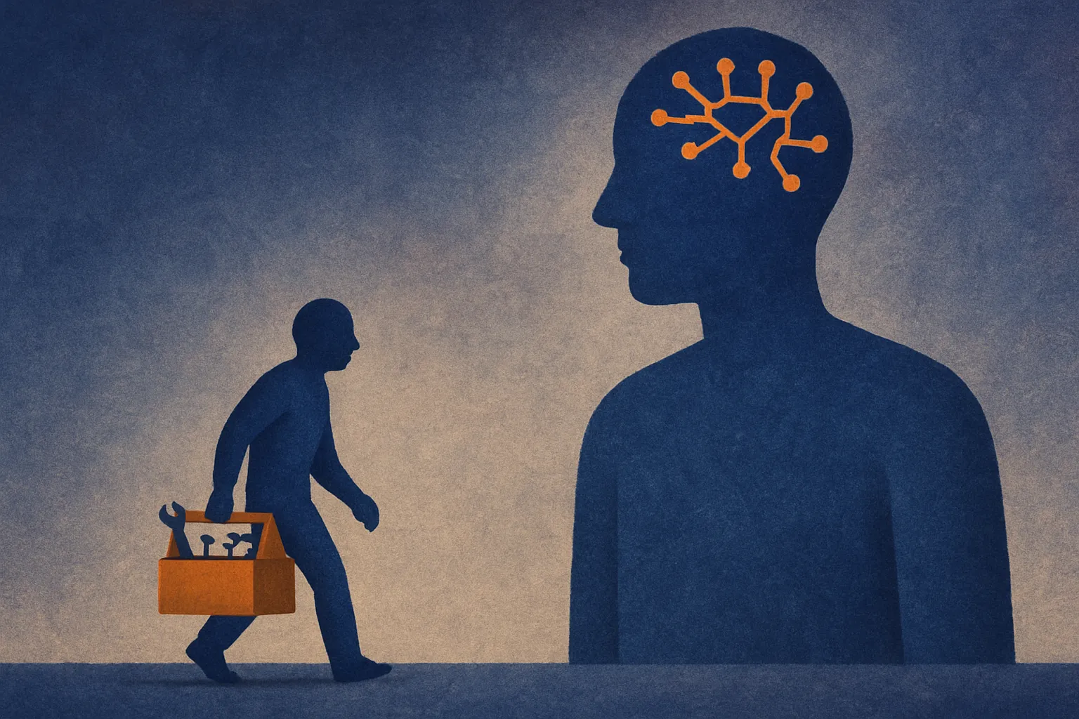 a small figure carrying a well-organized toolkit standing level with a much larger figure holding nothing