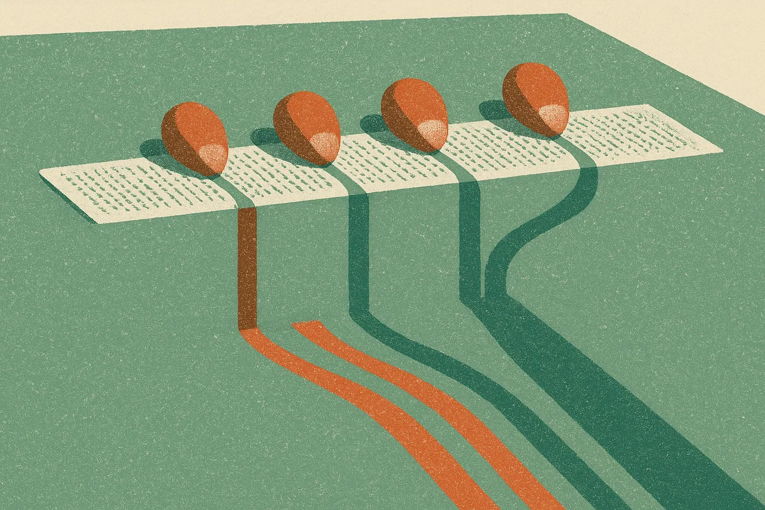 several parallel kernels each sliding across the same band of text, producing separate colored streams that later merge