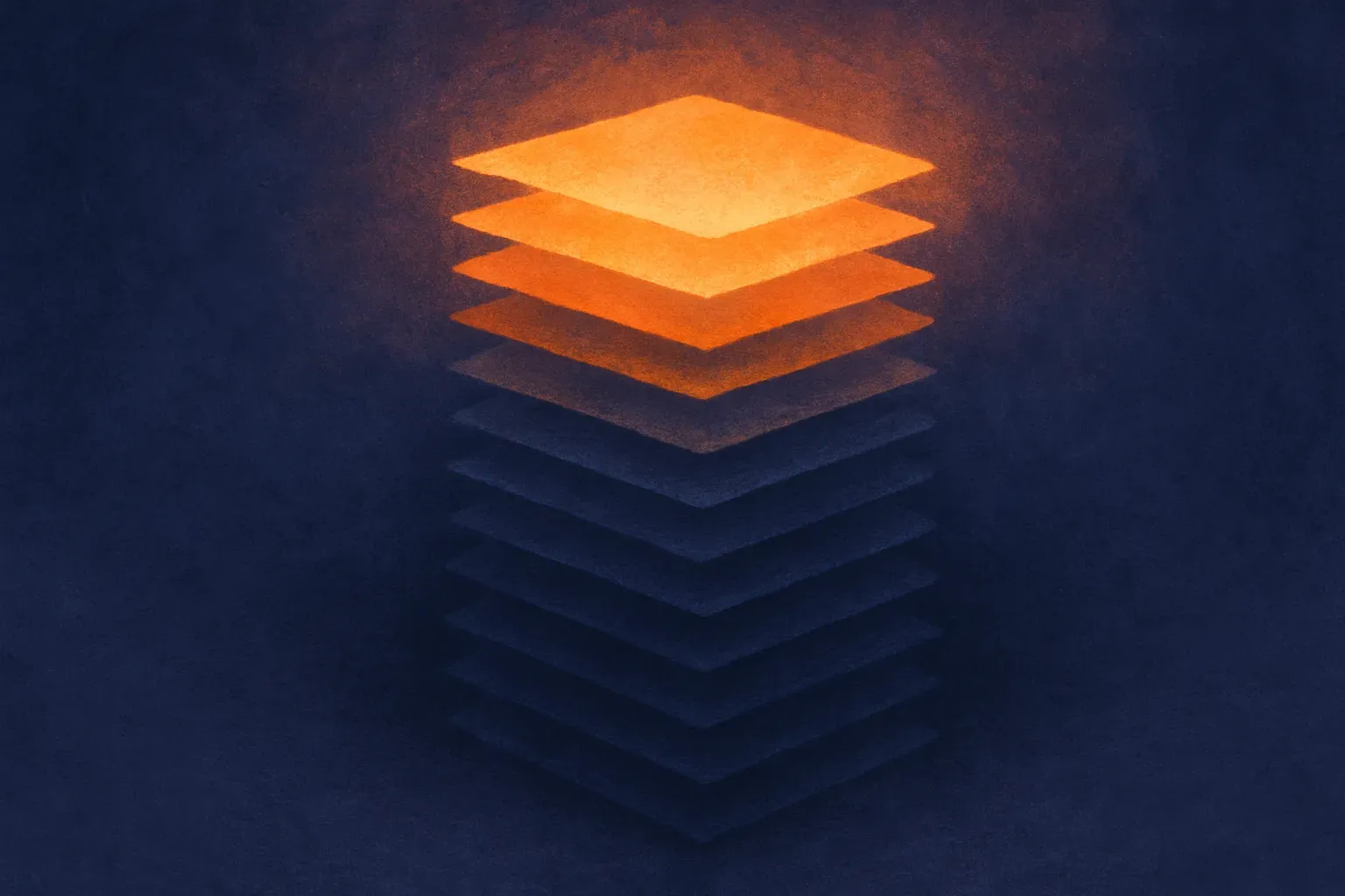 a tall stack of layers where only the top few glow brightly while the rest sit dim