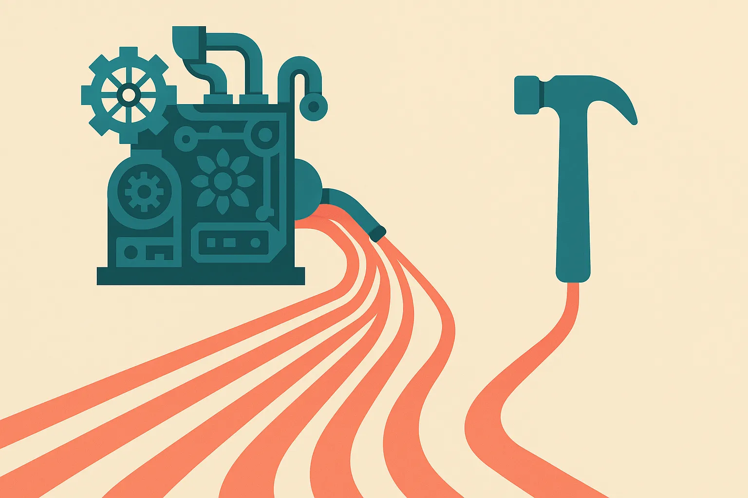 an ornate elaborate machine and a plain simple tool producing streams that converge, with the plain tool's stream flowin