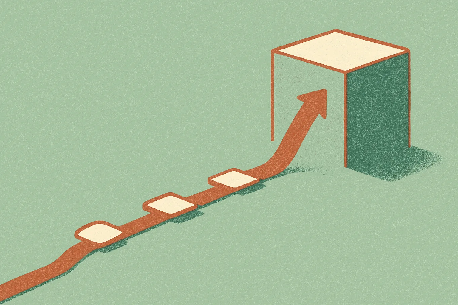 a timeline of four snapshots where one path suddenly jumps to a high plateau with no marker explaining the shift