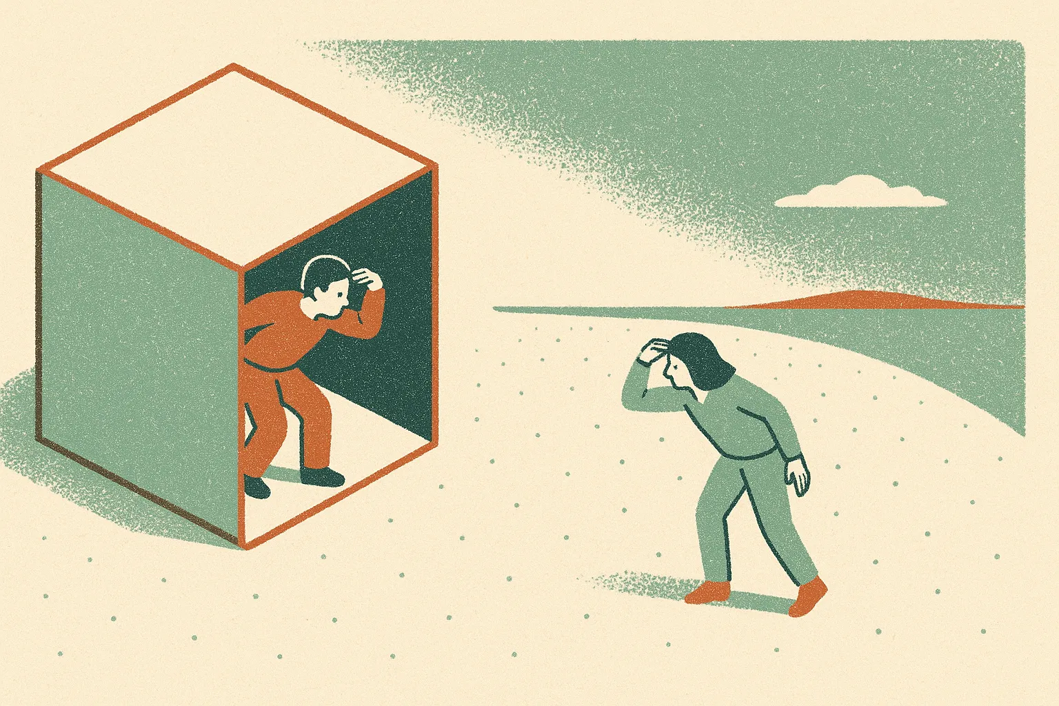 a bounded box next to an open horizon, two figures searching each