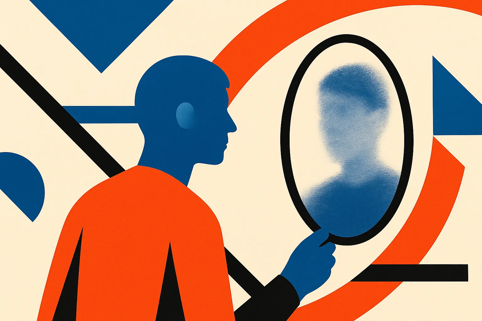 a person peering into a mirror that reflects a blurry, uncertain version of themselves, the reflection not quite matchin