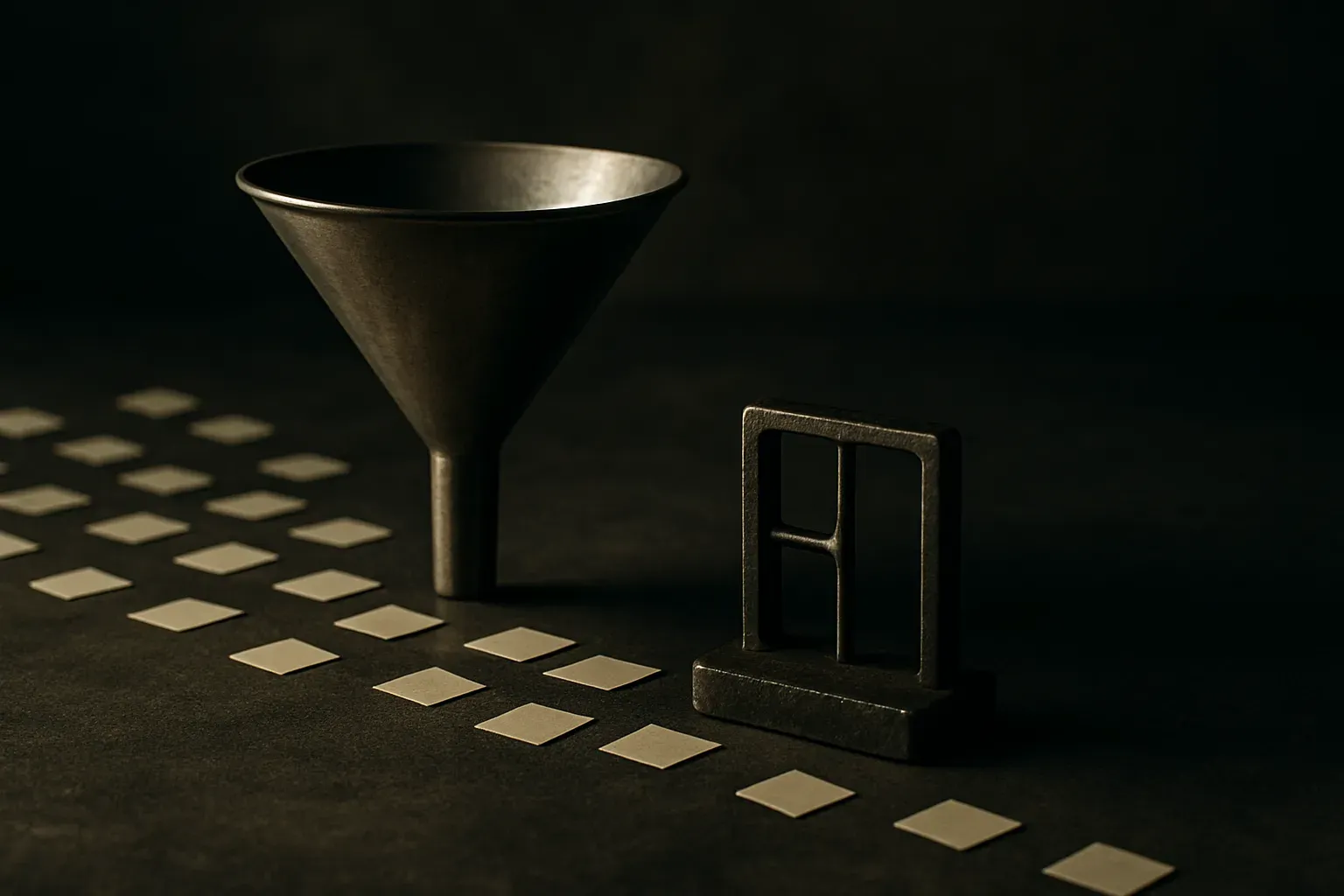 a wide filtering funnel followed by a small precise gate, two stages narrowing a set of options