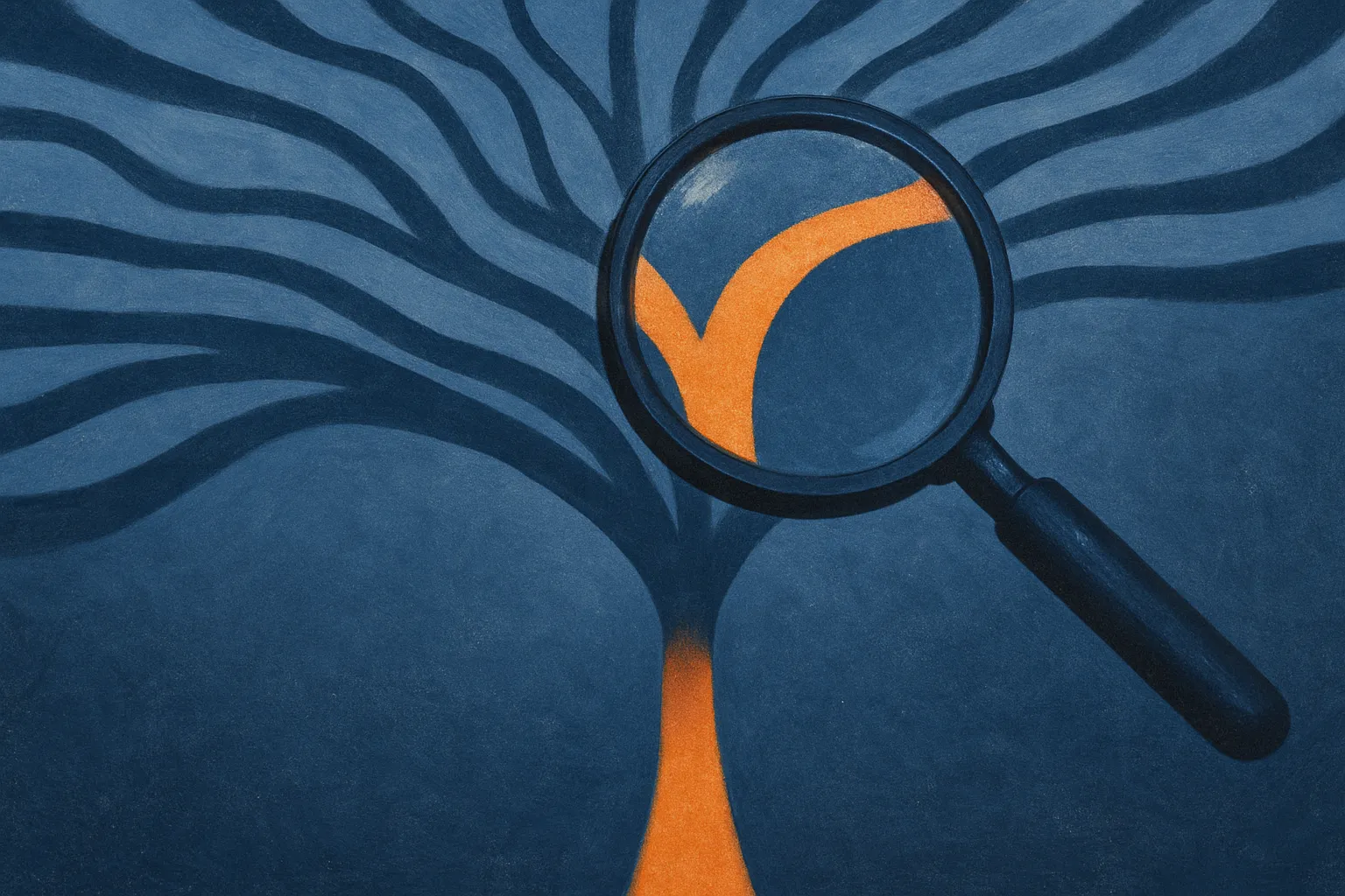 a funnel of many candidate paths narrowing to a single selected path, with a magnifying lens hovering over the choice po