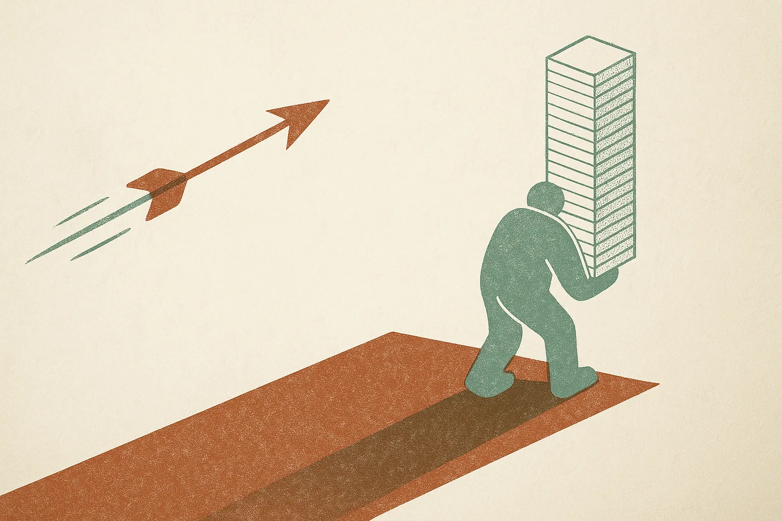 a fast lightweight arrow racing far ahead of a slow heavy figure, but the slow figure carrying a noticeably taller stack