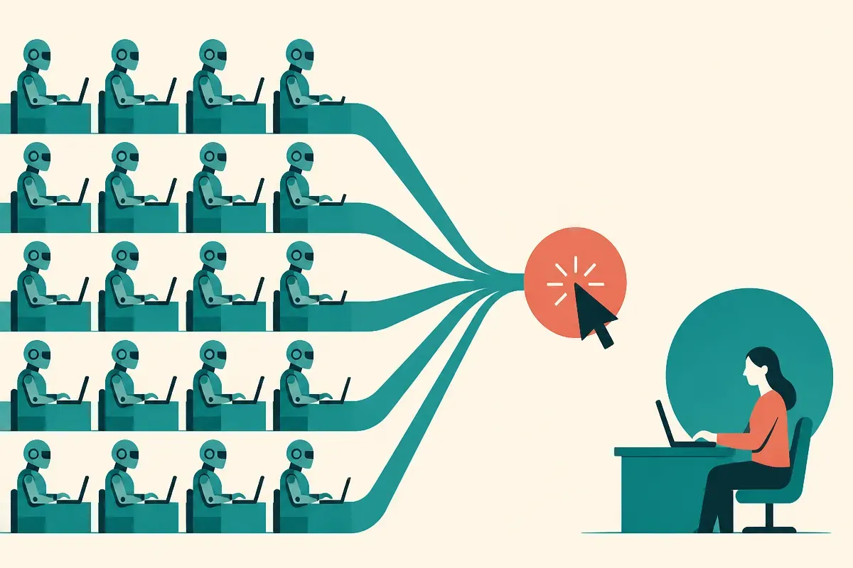 a cluster of identical machine silhouettes funneling into a single ad click, contrasted with one human figure