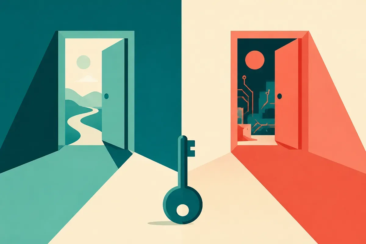 a single key that opens two different doors depending on which hallway it sits in