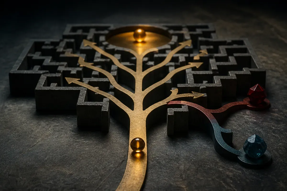 a branching path through a maze where most branches arrive at the same destination but a few diverge sharply
