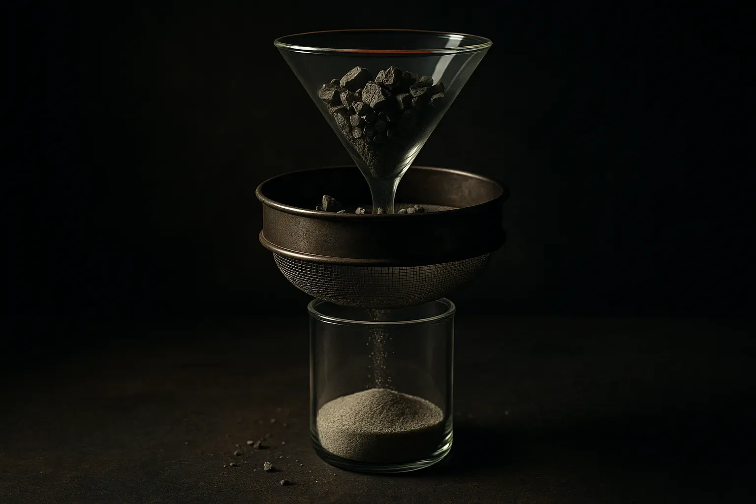 a funnel where coarse debris is filtered out by a rough sieve first, then a fine mesh handles what remains