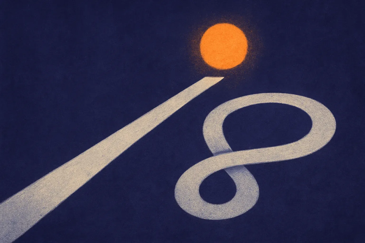 two parallel paths, one straight and smooth, one looping back on itself, leading to the same destination
