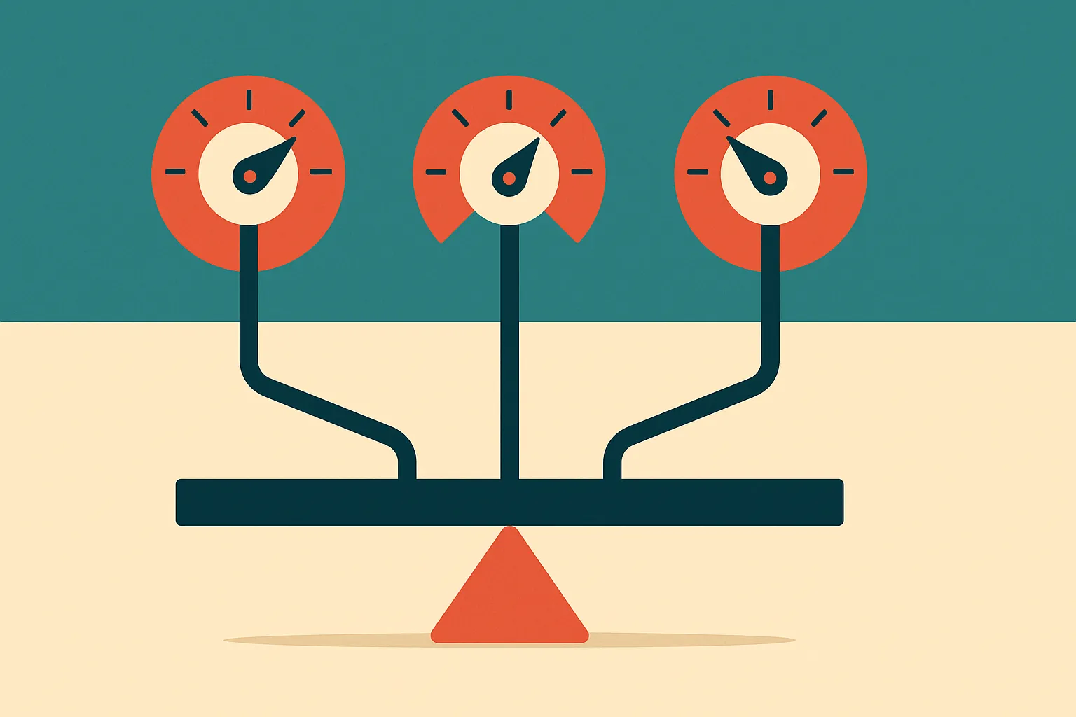 three separate dials feeding into a single balance beam, each dial a different mechanism nudging the beam toward level