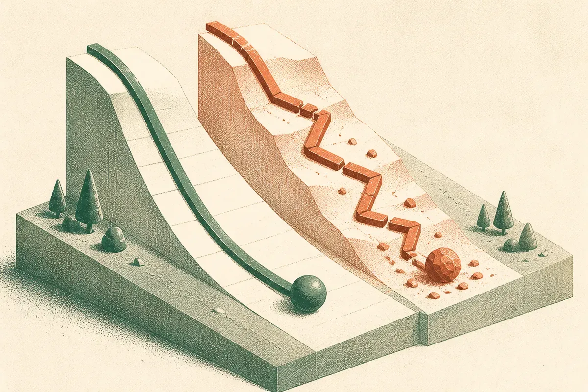 two downward-sloping curves, one smooth and one jagged and broken, side by side