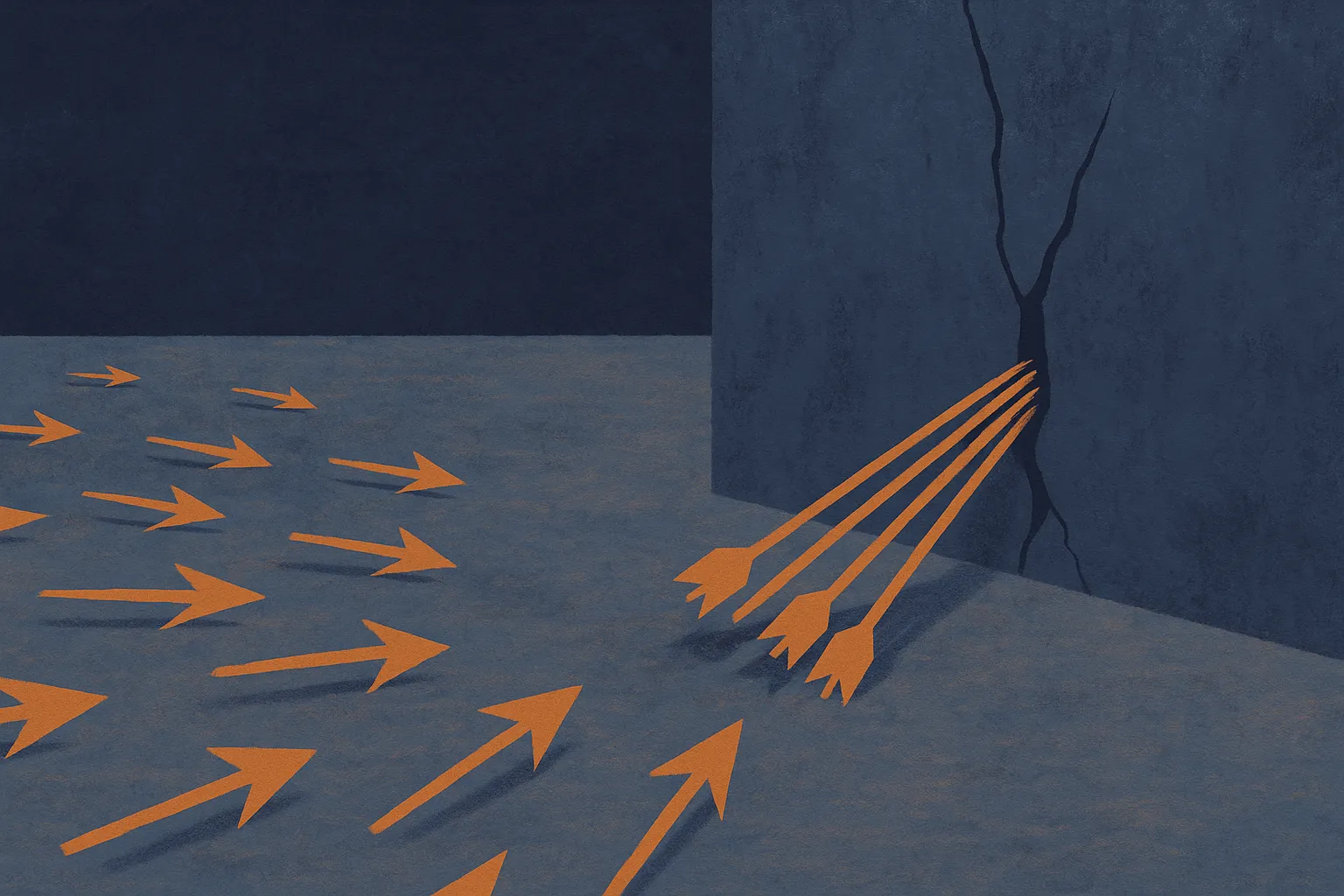 a wide scatter of arrows fanning across an open field versus a tight bundle of arrows all driving into a single crack in
