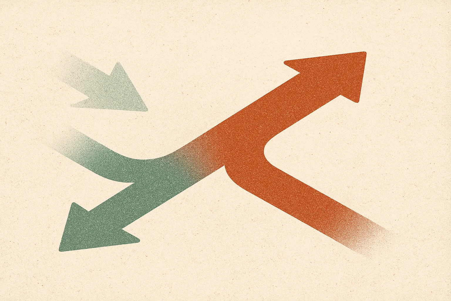 two gradient arrows merging into one thicker arrow, one arrow previously faint and now equal in strength