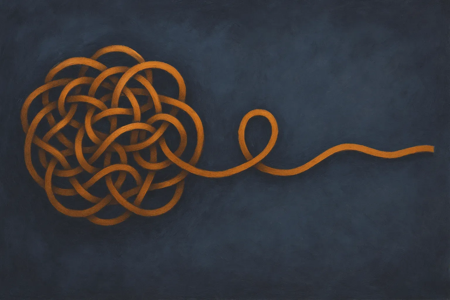 a large tangled knot slowly loosening into fewer tangles but never fully straight