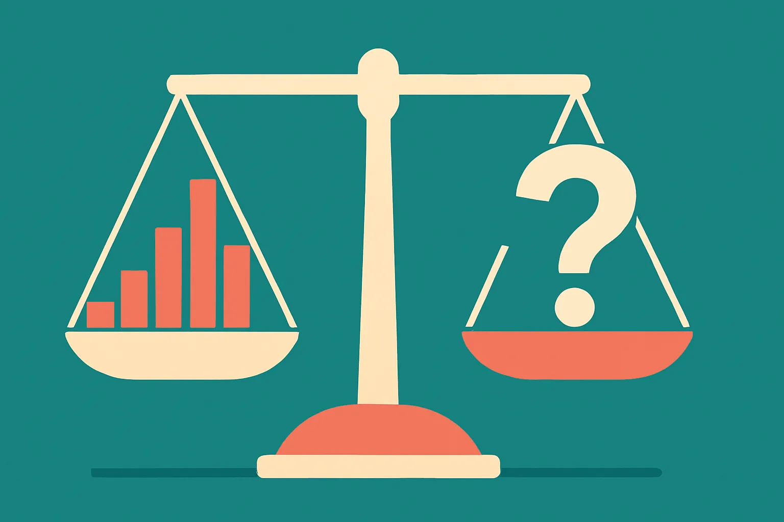 an output distribution being weighed on a balance scale against a target distribution whose base is a floating question