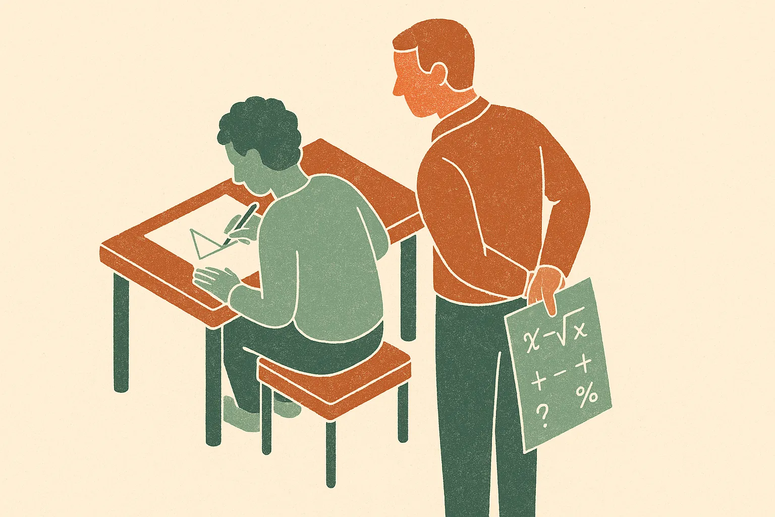 a coach holding a hidden reference sheet while a student works a problem without seeing it
