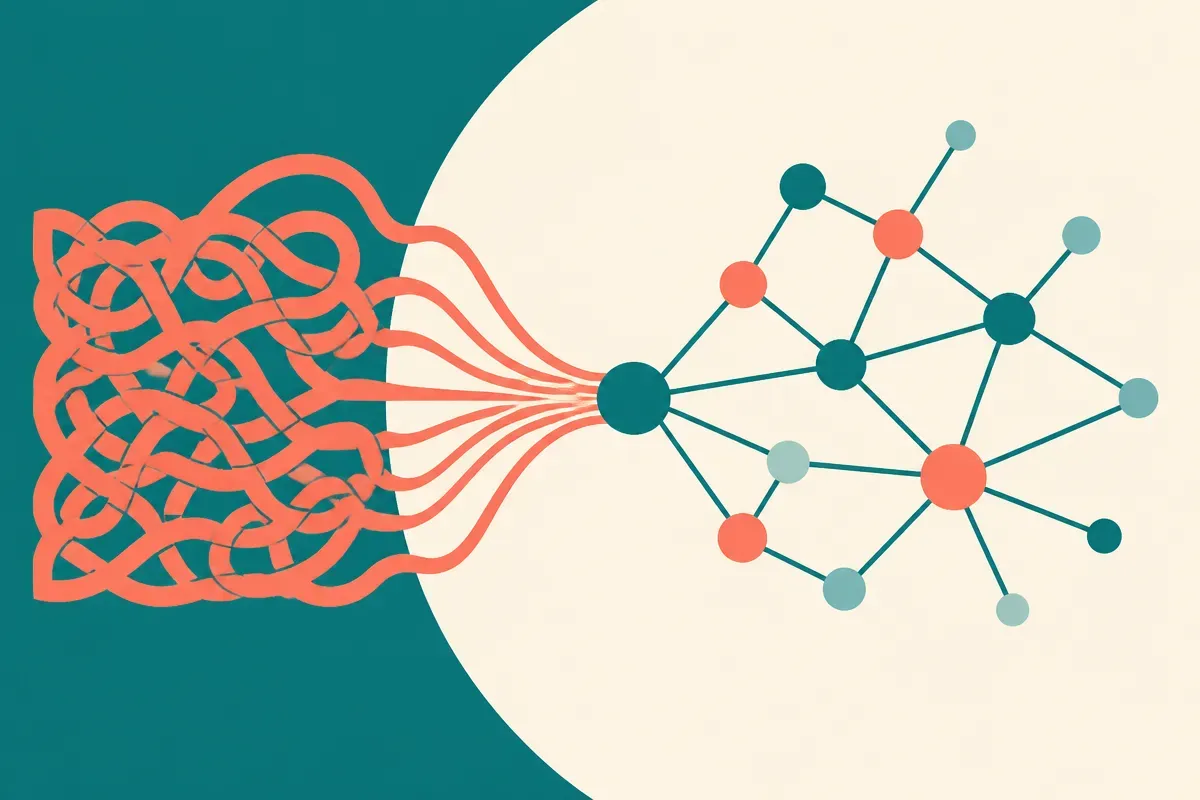 a tangled paragraph of prose on one side flowing into a clean connected node graph on the other