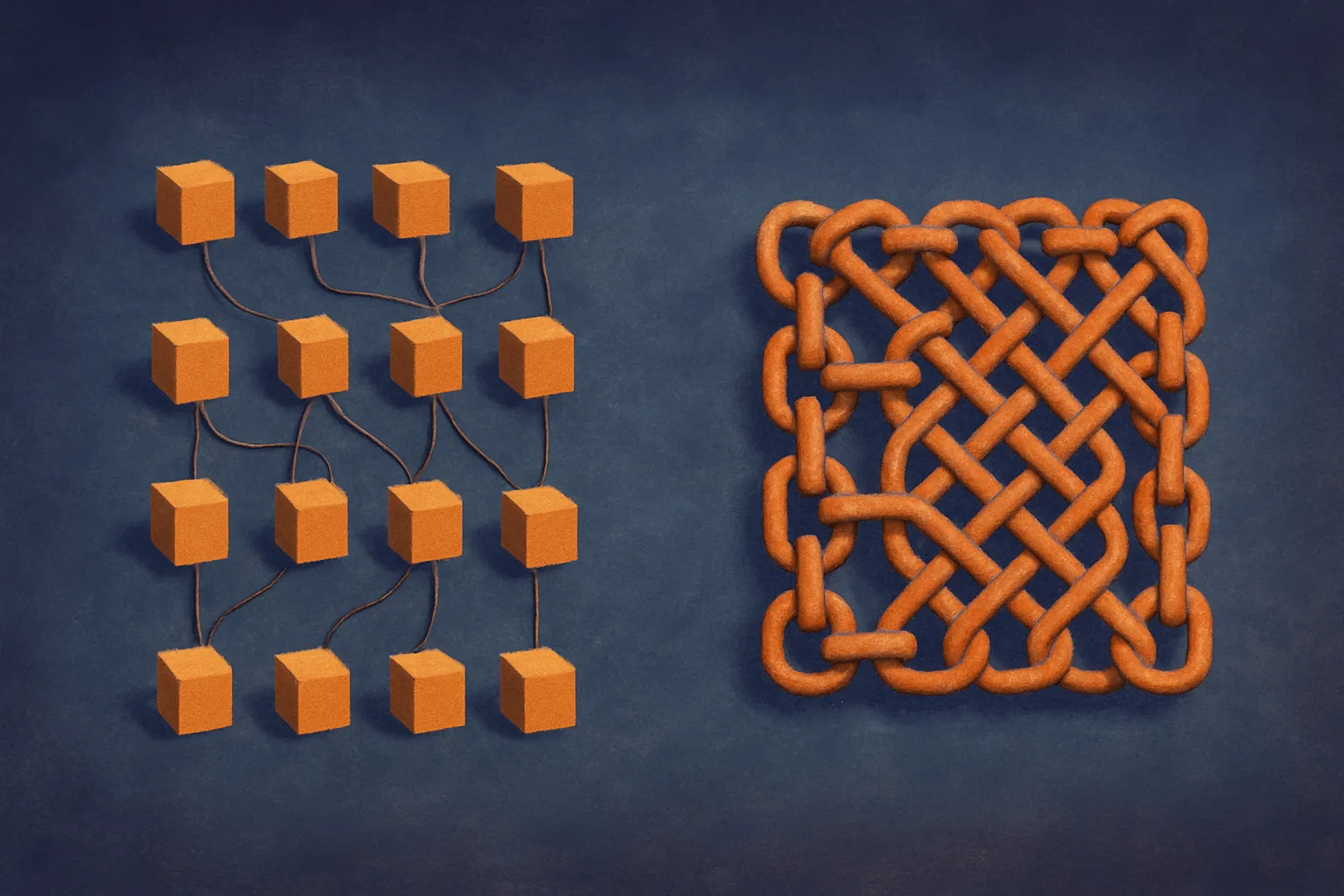 sixteen separate boxes connected by thin cables versus a single dense mesh of thick short links, contrasting a loosely w