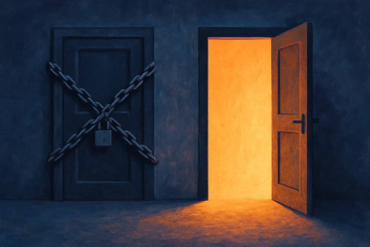 two doors side by side, one bolted shut with heavy chains, the other standing wide open with light spilling out
