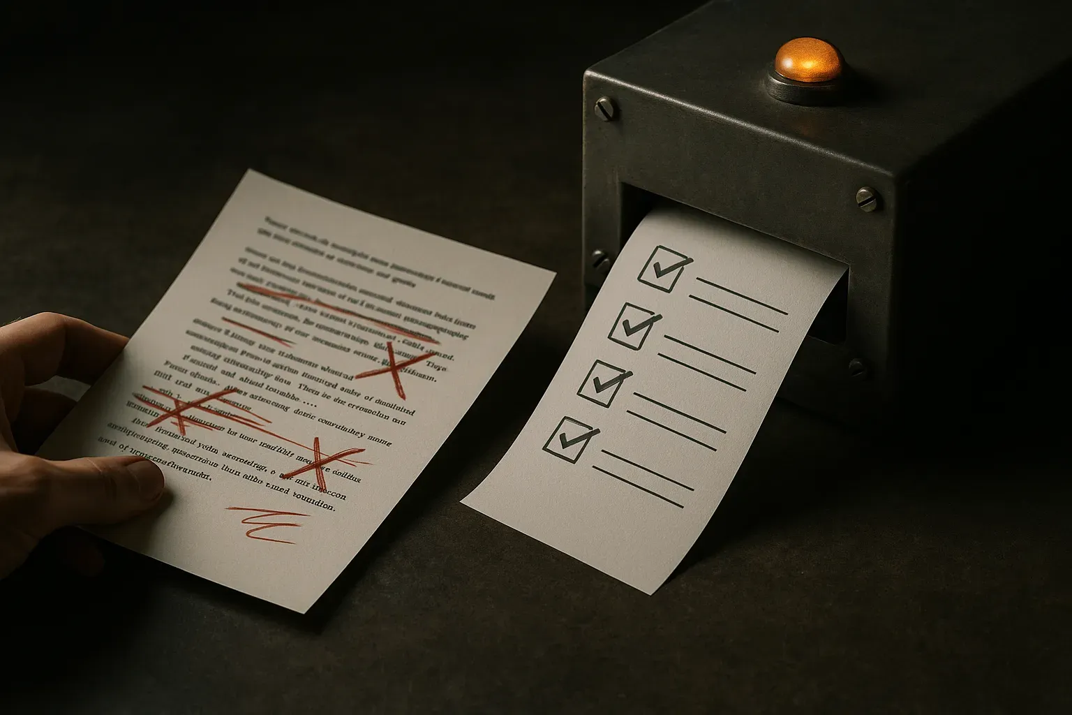 a researcher handing corrections into a machine that converts them into checklists and test cases